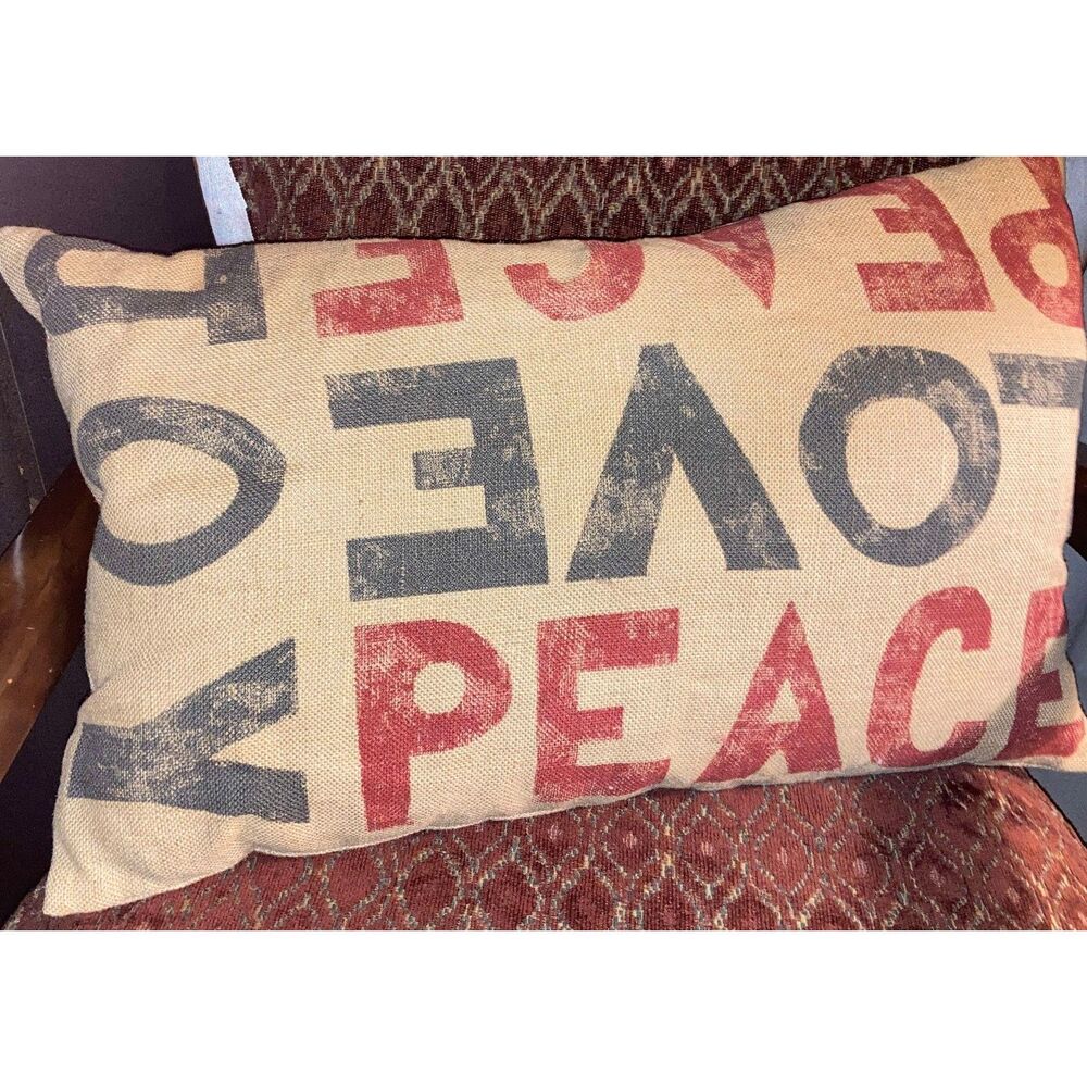 Large Pottery Barn Peace Love Joy Burlap Christmas Toss Pillow